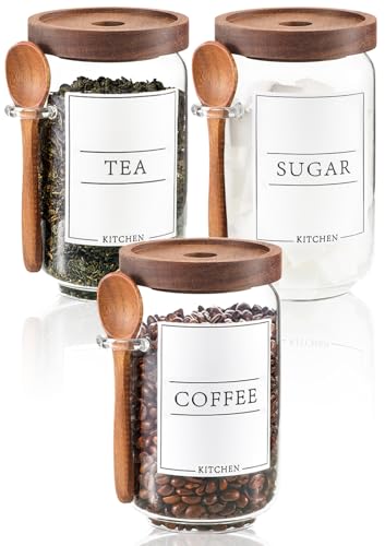 KOSKIMER Coffee and Sugar Container Set, Glass Coffee Jars with Wooden Lids | Decorative Sugar Tea Creamer Canisters for Kitchen Countertop, Small Sugar Container with Spoon for Coffee Bar (25oz)
