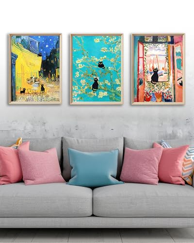 UPWOIGH Classic Art Black Cat Framed Wall Art, 12 x 16 Inch, Set of 3 | Matisse and Van Gogh Inspired Scenes, Colorful Black Cat Prints, Beige Oak Wood Frames for Bedroom, Office and Gallery Wall - color: Pink and Yellow