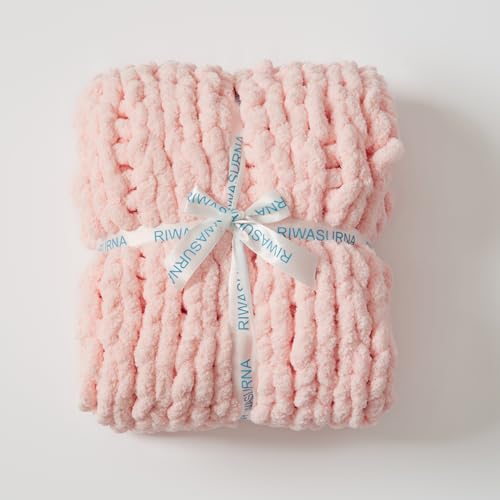 Chunky Knit Blanket Throw for Couch 40"×40" Pink | 100% Handmade Knitted Throw Blanket Fluffy Soft Blanket with Jumbo Chenille Yarn Thick - color: Pink, size: 40"*40"