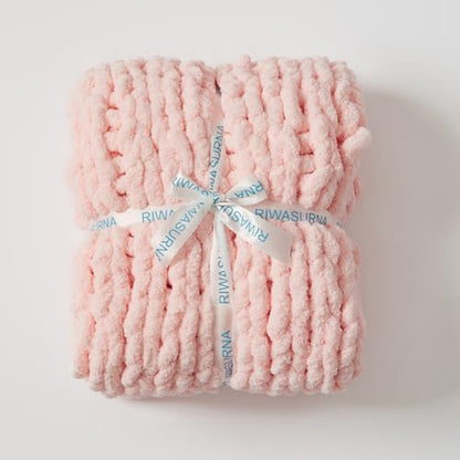 Chunky Knit Blanket Throw for Couch 40"×40" Pink | 100% Handmade Knitted Throw Blanket Fluffy Soft Blanket with Jumbo Chenille Yarn Thick - color: Pink, size: 40"*40"