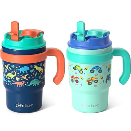 16oz Kids Insulated Tumbler w/Handle, 2 Pack Kids Toddler Water Bottle Cup | Leak-Proof Sip/Swig 2-in-1 Lids, BPA FREE 18/8 Stainless Steel Drinking Sippy Cup w/Straw Travel Mugs for Children Boys Girls - color: B4.Dinosaur & Monster Car