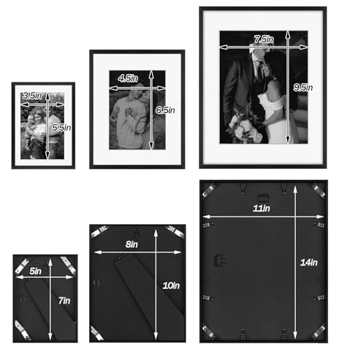 Frametory 7 Pack Aluminum Picture Frame with Mat for Gallery Wall, Black | Set includes one 11x14, two 8x10, four 5x7 frames with glass fronts, removable mats, and built-in hangers for wall mounting - color: Black