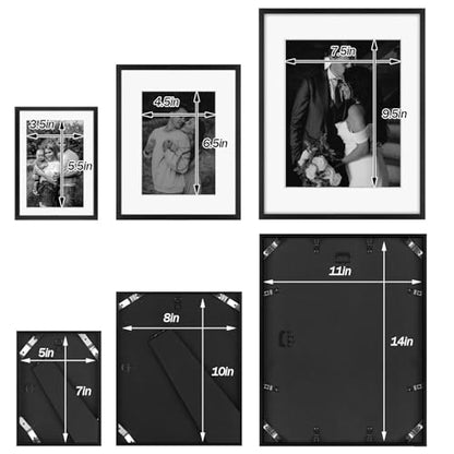 Frametory 7 Pack Aluminum Picture Frame with Mat for Gallery Wall, Black | Set includes one 11x14, two 8x10, four 5x7 frames with glass fronts, removable mats, and built-in hangers for wall mounting - color: Black