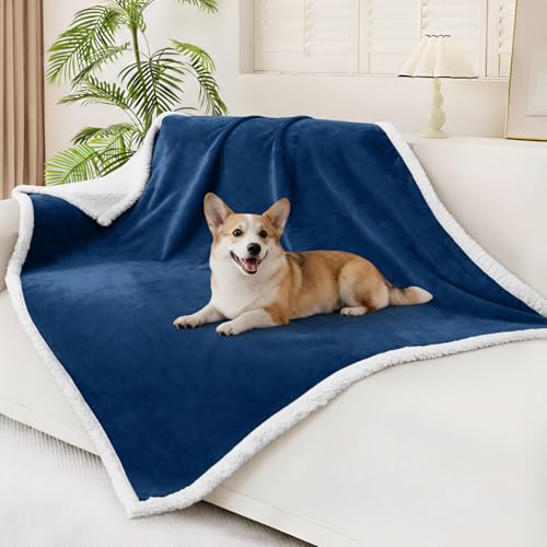 Smiry Waterproof Blanket Throw, Reversible Dog Blanket for Sofa Couch Bed | Soft Leakproof Sherpa Fleece, Washable Furniture Couch Protector for Large Dogs Cats, 50"x60", Navy/White - color: Navy/White, size: 50"x60"