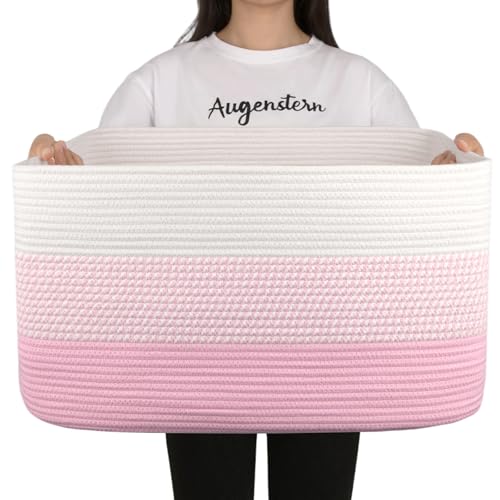 OIAHOMY Blanket Basket Laundry Basket Dog Toy Basket 75L Pink/White | Large Storage Basket,Baby Basket,Toy Storage,Woven Rope Basket for Blankets,Blanket Storage for Living Room - color: Pink/White, size: 22”x17”x12”