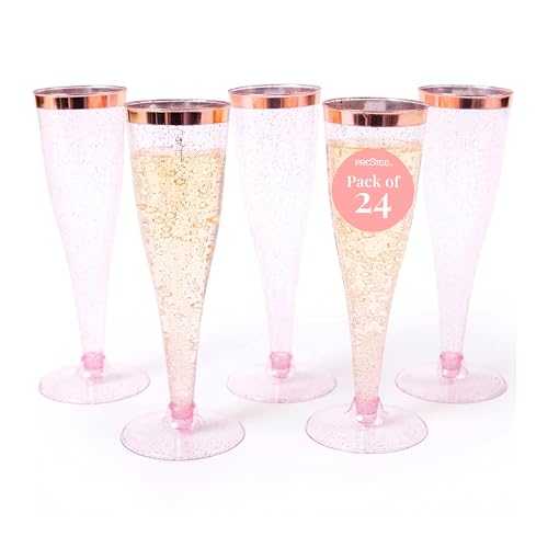 Prestee Set of 24 Plastic Champagne Flutes Disposable - Silver Glitter Pink Champagne Glasses with Rose Gold Rim, Elegant Toasting Cups for Weddings, Cocktail Parties, New Year's Celebrations - color: Rose Gold Rim/Glitter, size: 24 Count (Pack of 1)