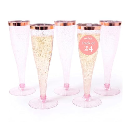 Prestee Set of 24 Plastic Champagne Flutes Disposable - Silver Glitter Pink Champagne Glasses with Rose Gold Rim, Elegant Toasting Cups for Weddings, Cocktail Parties, New Year's Celebrations - color: Rose Gold Rim/Glitter, size: 24 Count (Pack of 1)