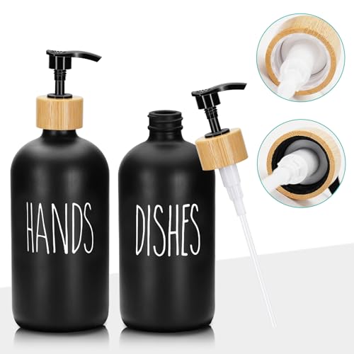 2 Pack 16 Oz Glass Soap Dispenser Set with Tray, Hand Dish Soap Dispenser Set for Bathroom and Kitchen Bottle Dispenser with Dish Soap, Hand Soap, Lotion (Black（Hands） Black (Dishes)) - color: Black（hands）black (Dishes)