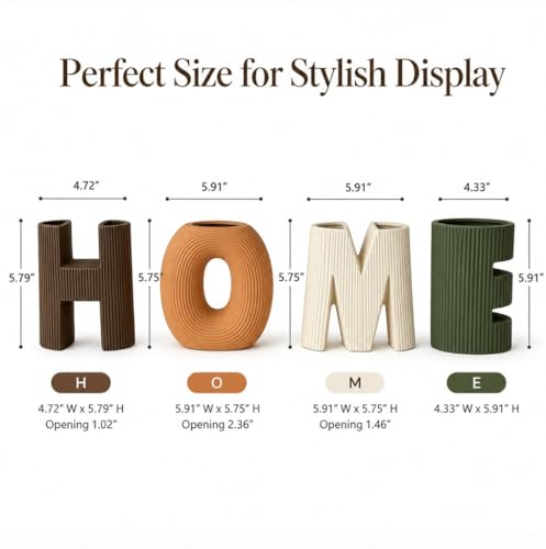 Home Sign Vases Set of 4, Ceramic Letter Flower Vases with Ribbed Texture, Modern Boho Decorative Vases for Living Room Shelf Decor, Entryway Table Centerpiece, Bookshelf, Office, Housewarming Gift