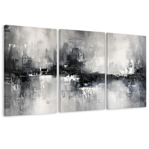 AVECCO Triptych Abstract Black White Gray Wrapped Canvas Wall Art 20x30 In | Gallery Wrapped Canvas, UV Fade-resistant Ink, Modern Minimalist, Ready to Hang, Living Room Office Decor, Housewarming Gift - color: Black, size: 30"L x 20"W