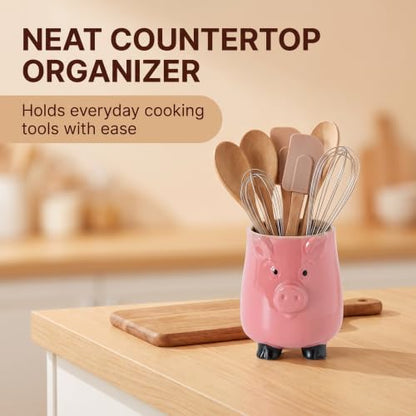 Ceramic Pig Utensil Holder for Kitchen Counter Farmhouse Utensil crock | Cute pig-shaped ceramic utensil holder keeps kitchen tools organized while adding farmhouse charm to your countertop.