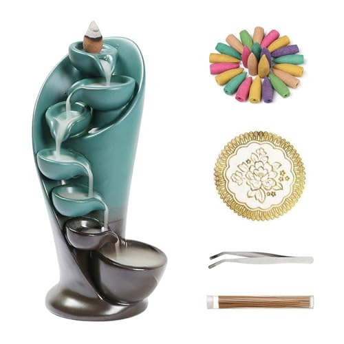 YYW Backflow Incense Burner Holder Handmade Decor Fountain Waterfall Holder | Includes 20 Backflow Incense Cones 30 Incense Sticks 1 Tweezer 1 Mat, Perfect for Indoor Meditation and Yoga - color: Green