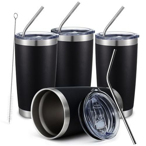 COMOOO 20oz Black Tumbler 4 Pack Stainless Steel Insulated Travel Mug with Lid and Straw Vacuum Double Wall Coffee Cup for Hot Beverage and Cold Drinks(Black, 4 Pack) - color: Black