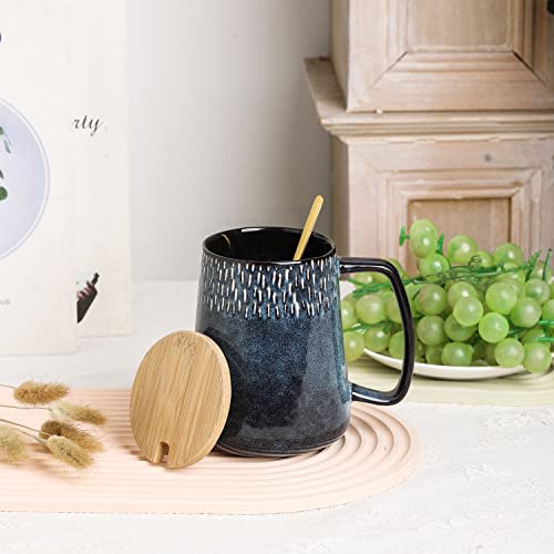 Large Ceramics Coffee Mugs,24 OZ,with Spoon and Wooden Lid,for Coffee,Tea,Large Handle Design,Microwave and Dishwasher Safe(Color:24 oz star blue set) - color: 24 oz star blue set