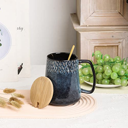 Large Ceramics Coffee Mugs,24 OZ,with Spoon and Wooden Lid,for Coffee,Tea,Large Handle Design,Microwave and Dishwasher Safe(Color:24 oz star blue set) - color: 24 oz star blue set