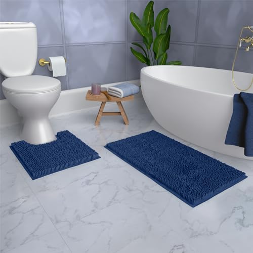 Bathroom Rugs Sets 2 Piece, Luxury Chenille Bath Mat Set, Soft Plush Anti-Slip Bath Rug + U-Shaped Toilet Mat. Microfiber Shaggy Carpet, Super Absorbent. (31''x 20'' Plus 20'' x 20'' U, Blue) - color: Blue, size: 2 Piece Set