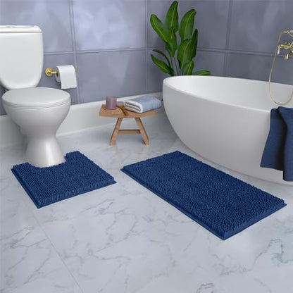 Bathroom Rugs Sets 2 Piece, Luxury Chenille Bath Mat Set, Soft Plush Anti-Slip Bath Rug + U-Shaped Toilet Mat. Microfiber Shaggy Carpet, Super Absorbent. (31''x 20'' Plus 20'' x 20'' U, Blue) - color: Blue, size: 2 Piece Set
