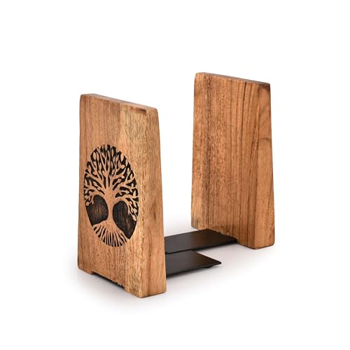Office Bookends Iron & Acacia Wood Tree of Life Office Bookends for Shelves or Bookcase Heavy Bookends, Home Décor Gift (4"" X 4"" X 6""), (Set of 2), Brown