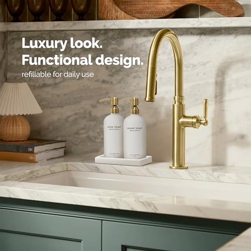Vine Creations Glass Soap Dispenser Set, Kitchen Soap Dispenser Set with Ceramic Tray, 16 oz Dish Soap and Hand Soap Dispenser Set with Stainless Steel Pump Decor (White Bottle/Brushed Brass) - color: White Bottle / Brushed Brass Pump