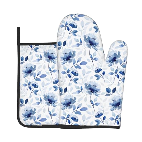Blue Floral Oven Mitts Pot Holders Set of 2 Watercolor Leaves Heat Resistant Kitchen Mittens Potholders for Chef Baking Cooking Grilling - color: Blue Floral