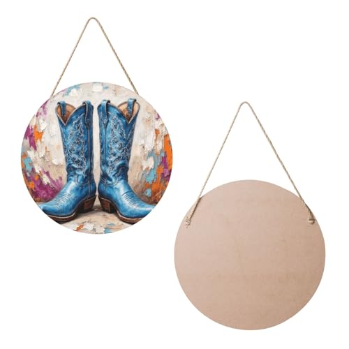 Door Sign Round Wooden Hanging Plaque With Rope Blue Cowboy Boots Impasto Art 12 X 12 Inch Rustic Welcome Wall Decor For Porch Entryway Farmhouse Home