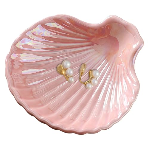 3.9" Shell-Shaped Ceramic Ring Dish - Pink Iridescent Surface Jewelry Tray, Decorative Trinket Organizer for Rings, Earrings, Necklaces & Keys - Ideal for Mom, Friend, Sister - color: Pink