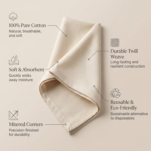 ACCENTHOME Accent Home 100% Cotton Napkins, Delicate Cloth Napkins for Dinners, Parties and Weddings，18 x 18 Inch Set of 6 - Natural | 100% Pure Cotton Napkins, Economy Pack, Multi Purpose Use, Machine Washable, Cotton - color: 17 - Natural - Twill, size: