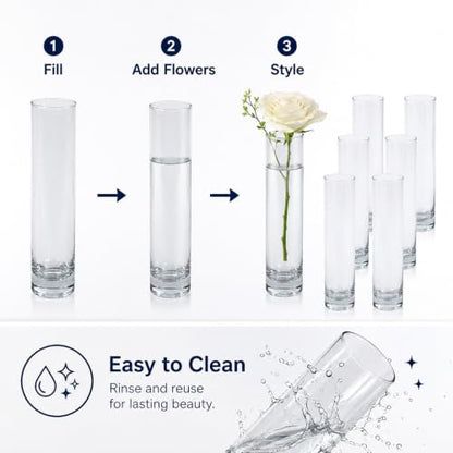 Koyal Wholesale Bud Vases, 7.5 Inch Clear Glass Cylinder, Set of 6