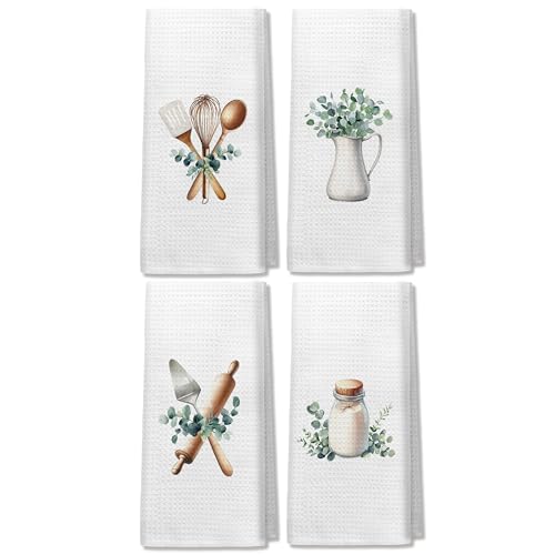 Watercolor Eucalyptus Leaves Kitchen Towels, Boho Sage Green Plants Dish Tea Towels for Kitchen Dining Room Decor, Modern Minimalist Botanical Hand Towels, 16x24 Inch Set of 4 - color: Kitchen-062