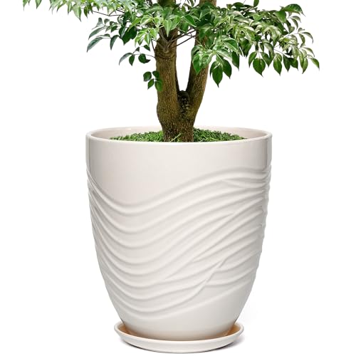11.8 Inch Modern Ceramic Plant Pot with Saucer, Flower Pot with Drainage Hole Mesh Net,Indoor Outdoor Planter (White) - color: White, size: 11.8 Inch