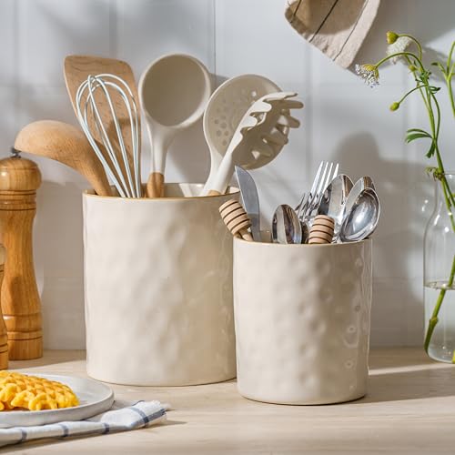 famiware Ceramic Utensil Holder, 7.2"+5.8", Set of 2, Vanilla White | Cooking Utensil Crocks, Organizer for Spatula & Spoon, Kitchen Decor, Countertop Storage, Stable and Non-Slip, Space-saving - color: Vanilla White