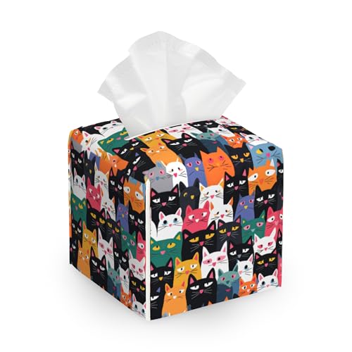 Tissue Box Cover,Colorful Cartoon Cat Leather Tissue Holder Organizer Portable Square Decorative Facial Paper Case for Home Office Bathroom Vanity Countertop - color: Colorful Cartoon Cat