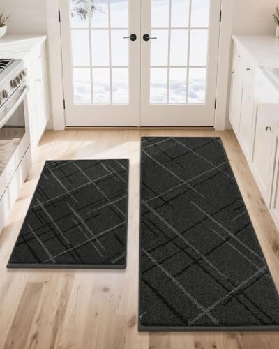 COSY HOMEER Kitchen Rugs,5 PCS Kitchen Mats Non Slip Washable,Dark Gray | Absorbent Kitchen Runner Rugs for Floor, Polyester Kitchen Sink Rug 24"x36" + 24"x60" - color: Dark Gray, size: 24"x36" + 24"x60"