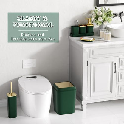 XLHOMO Bathroom Set - Dark Green Bathroom Sets with Shower Curtain and Rugs, 24PCS Shower Curtain Set with Hooks, Soap Dispenser, Soap Dish, Toilet Brush Holder and Trash Can for Housewarming - color: Dark Green and Gold, size: Bathroom Set+Shower Curtain