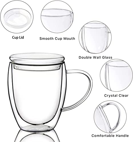 15 Oz Double Walled Glass Coffee Mugs, 2 Packs Clear Coffee Mugs with Lids Insulated Coffee Cups with Handle Perfect for Cappuccino,Tea,milk ,Espresso,Latte, Hot Beverage Set of 2 (Glass lid, 15oz) - color: 15oz