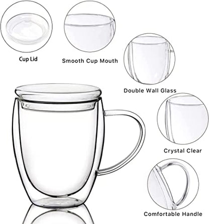 15 Oz Double Walled Glass Coffee Mugs, 2 Packs Clear Coffee Mugs with Lids Insulated Coffee Cups with Handle Perfect for Cappuccino,Tea,milk ,Espresso,Latte, Hot Beverage Set of 2 (Glass lid, 15oz) - color: 15oz