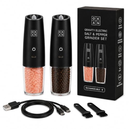 Automatic Electric Gravity Salt and Pepper Grinder Set, Rechargeable, One-Hand Operation, Dual USB-C Charging Cable, Adjustable Ceramic Burr, LED Light, 3.4 Oz - color: Black