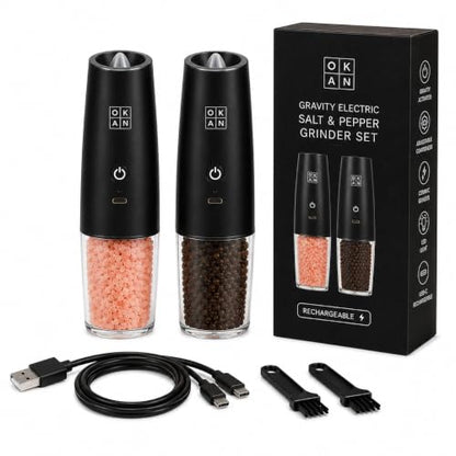 Automatic Electric Gravity Salt and Pepper Grinder Set, Rechargeable, One-Hand Operation, Dual USB-C Charging Cable, Adjustable Ceramic Burr, LED Light, 3.4 Oz - color: Black