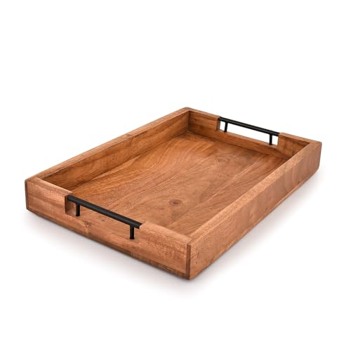 Tray with Metal Handles Acacia Wood Serving Tray Decorative Ottoman Coffee Table Tray for Living Room Kitchen Food Tray (15" X 10" X 1.6")