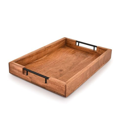 Tray with Metal Handles Acacia Wood Serving Tray Decorative Ottoman Coffee Table Tray for Living Room Kitchen Food Tray (15" X 10" X 1.6")