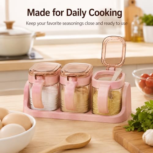 3 Pcs Glass Coffee Station Organizer Set, Pink Sugar Container Jars with Tray, Scoops and Label Stickers for Beans, Candy, Oats, Nuts, Spices