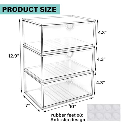 Prsildan Acrylic Makeup Organizer, 3 Pack Stackable Clear Storage Drawers for Baby Bottles Desk Organizers with 3 Drawers for Countertop Vanity Nursery Modular System for Cosmetics Jewelry - size: Stackable-3Drawers