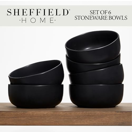 Sheffield Home Large Stoneware Cereal Bowls - Set of 6, 28oz Capacity - Dishwasher & Microwave Safe - 6" Diameter, Stylish & Functional for Everyday Use – Black - color: Black