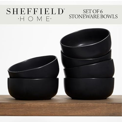 Sheffield Home Large Stoneware Cereal Bowls - Set of 6, 28oz Capacity - Dishwasher & Microwave Safe - 6" Diameter, Stylish & Functional for Everyday Use – Black - color: Black