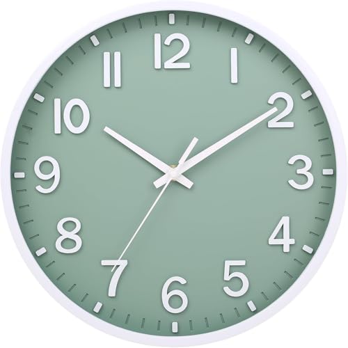 Wall Clocks Battery Operated 10 inch Modern Wall Clock,Silent Non Ticking Wall Clock for Living Room Bedroom Kitchen Office Classroom Decor (Green White) - color: Green White, size: 10 inch