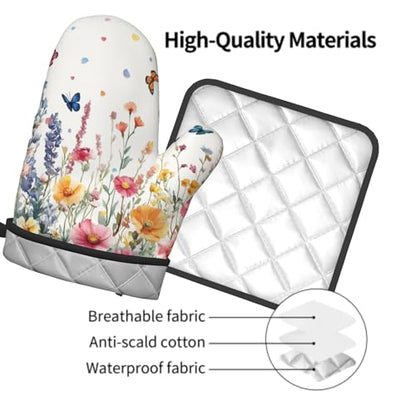 Giwawa Spring Flower Oven Mitts and Pot Holder Kitchen Accessories Sets Botanical Floral Heat Resistant BBQ Cooking Oven Gloves Washable Hot Pads - color: Botanical Floral