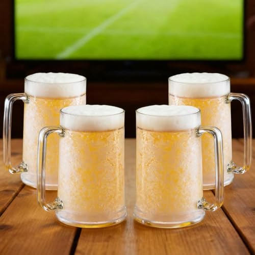 Lily's Home Freezer Beer Mugs with Handles, 16 oz Set of 4 – Clear Frosted Double Wall Insulated Acrylic, Gel-Filled, Break-Resistant for Home Bar, Pool Parties, BBQ & Outdoor - style: With handle(16oz)