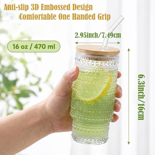 Glass Cups with Lids and Straws 16 oz Drinking Glasses Set of 8 | Ribbed Hobnail Glassware with Bamboo Lid, Iced Coffee Glass Tumbler with Straw and Lid for Hot Cold Drinks Home Kitchen - color: 16oz Mixed*8, size: 16oz