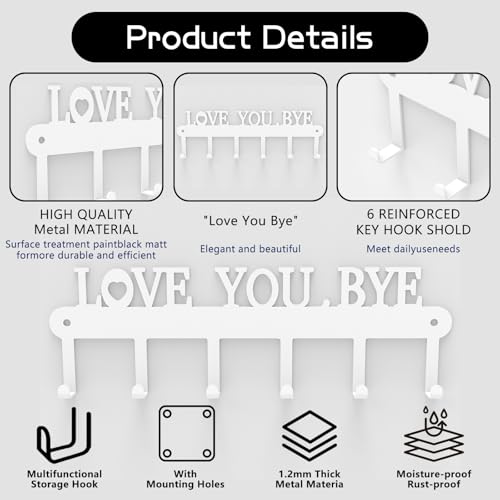 Key Holder for Wall - 'Love You Bye' Key Hooks, White, 6 Hooks | Key Holder Wall Mount Self Adhesive, Key Rack Wall Mount for Wall No Drill for Living Room, Kitchen, Bathroom, Garage - color: Love You Bye' White