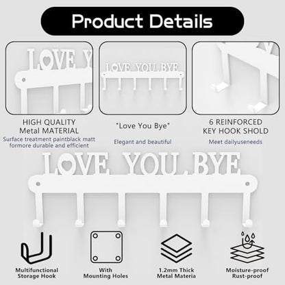 Key Holder for Wall - 'Love You Bye' Key Hooks, White, 6 Hooks | Key Holder Wall Mount Self Adhesive, Key Rack Wall Mount for Wall No Drill for Living Room, Kitchen, Bathroom, Garage - color: Love You Bye' White